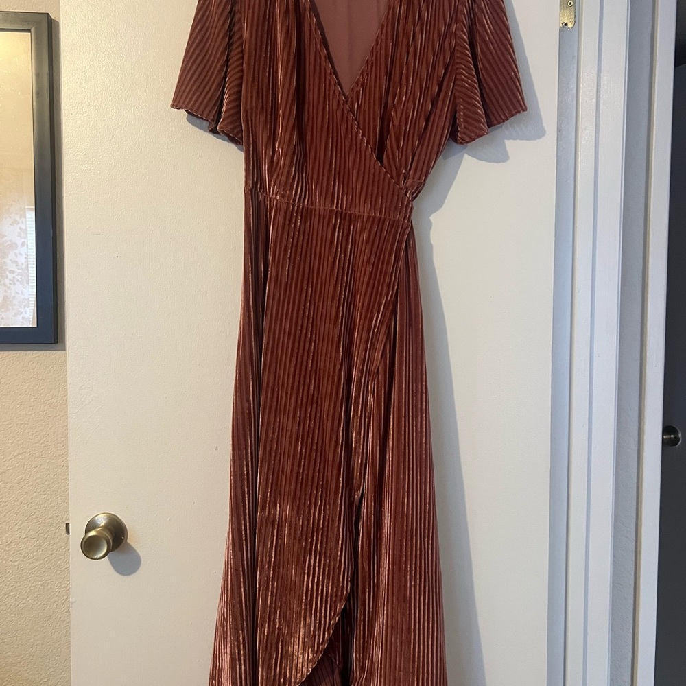 Velvet Rust Pleated Wrap Dress